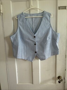 SHEIN Blue and White Striped V-Neck Button Crop Vest